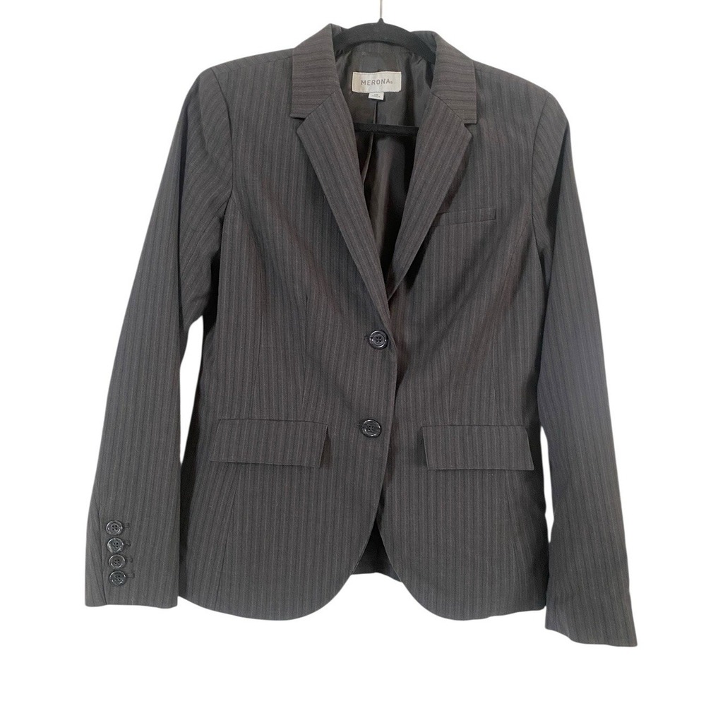 Merona Womens Taupe Striped Suit Blazer Size 10 Pants Size 8 Career Business - Picture 3 of 16
